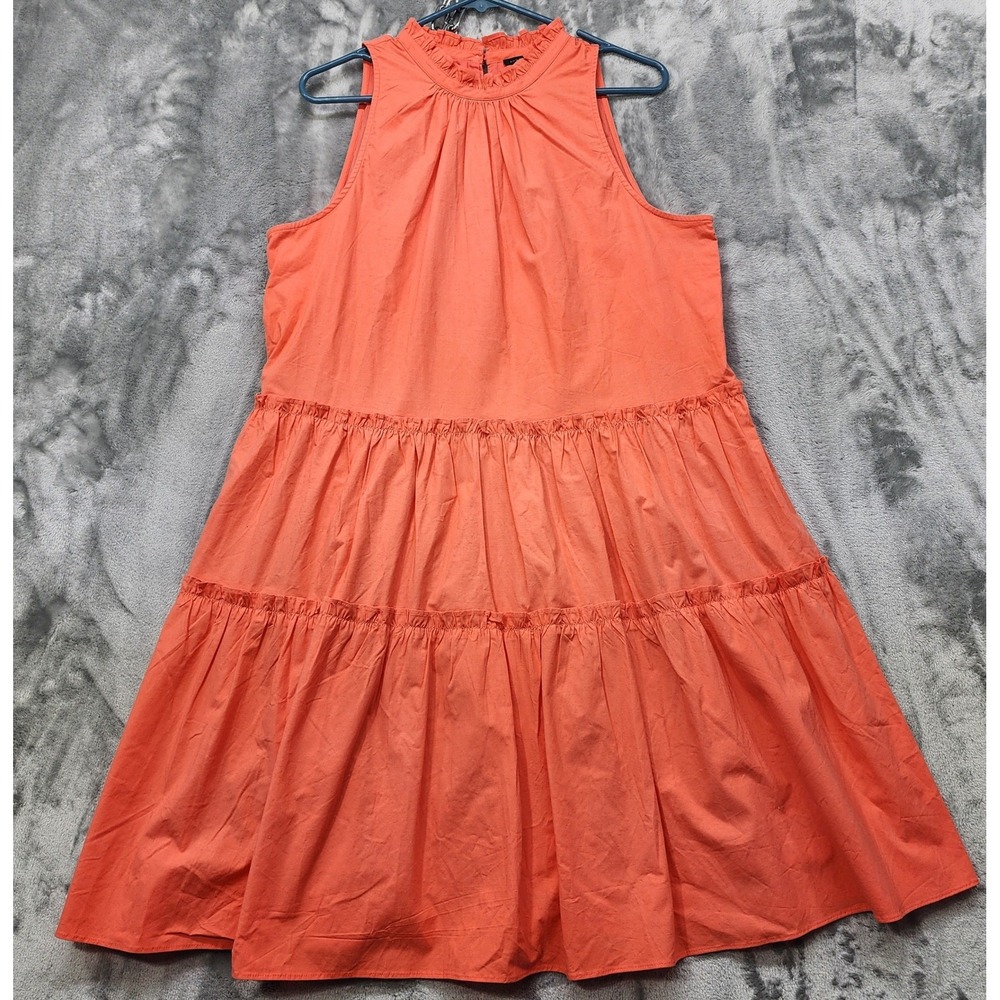 Ann Taylor Dress Womens L Orange Ruffled Tiered High Neck Sleeveless Shift Mini